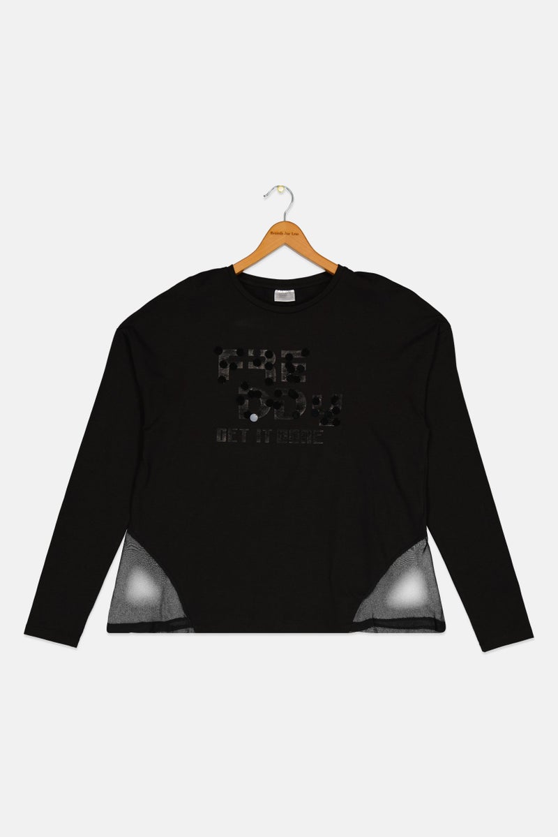 FREDDY Kids Girl Crew Neck Long Sleeve Graphic Print T-Shirt, Black - Image 1
