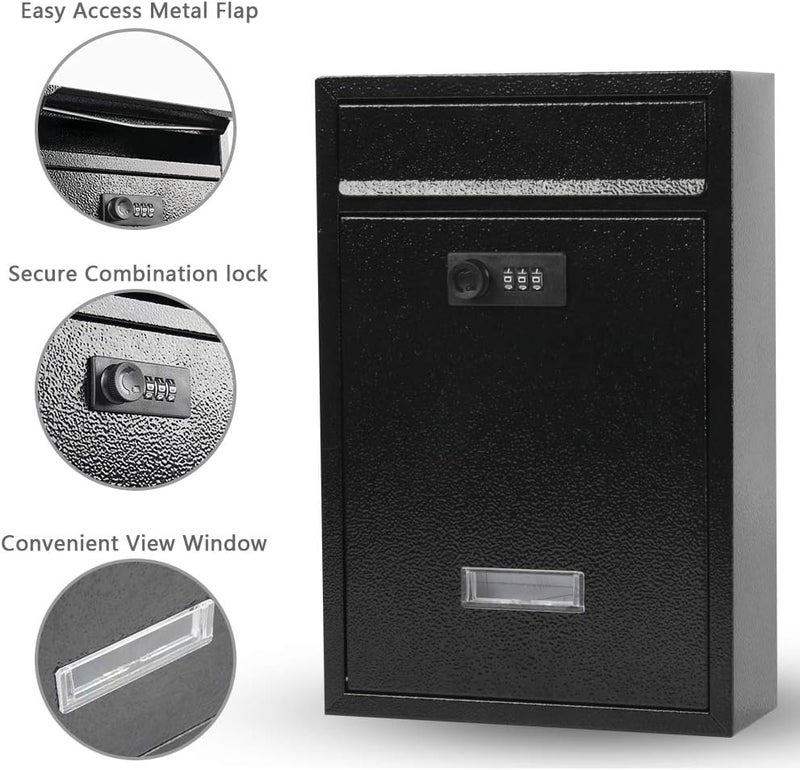 KYODOLED Locking Wall Mount Mailbox, Mail Boxes with Combination Lock for Outside, Security Drop Box with Code,12.4H x 8.54L x 3.35W Inches, Black - Image 3
