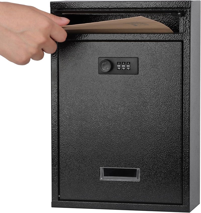 KYODOLED Locking Wall Mount Mailbox, Mail Boxes with Combination Lock for Outside, Security Drop Box with Code,12.4H x 8.54L x 3.35W Inches, Black - Image 1