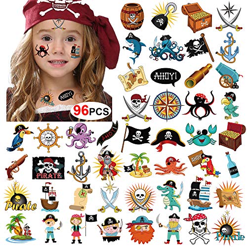 Konsait Pirate Tattoos(96Pcs), Konsait Pirate Temporary Tattoo Fake Neverland Pirated Cannon Powder Jake Captain Tattoo Body Sticker for Pirate Birthday Party Favors Supplies Kids Boys Girls Party Bag Filler - Image 1