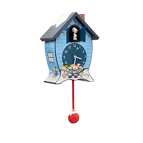 Mark Feldstein  Associates Peanuts Gang Snoopy Linus Lucy ICY Blue 17 x 9 Christmas Cuckoo Clock