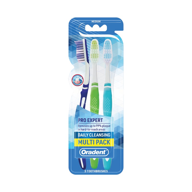 Oradent Daily Cleansing Toothbrush Medium, Complete Oral Care, Tongue Cleaner and Ergonomic Grip, Pack of 3pcs