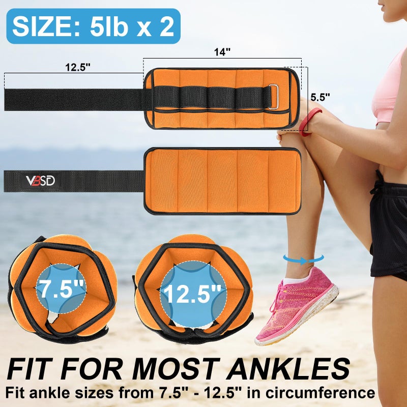 VBSD Adjustable Ankle Weights for Men Women, 10lb 1 Pair Leg Weight Straps, Weighted Ankle Weights Set for Gym, Yoga, Jogging, Walking, Aerobics, 1-5 lbs Each Ankle, 1 Pair 2-10 lbs, Orange - Image 2
