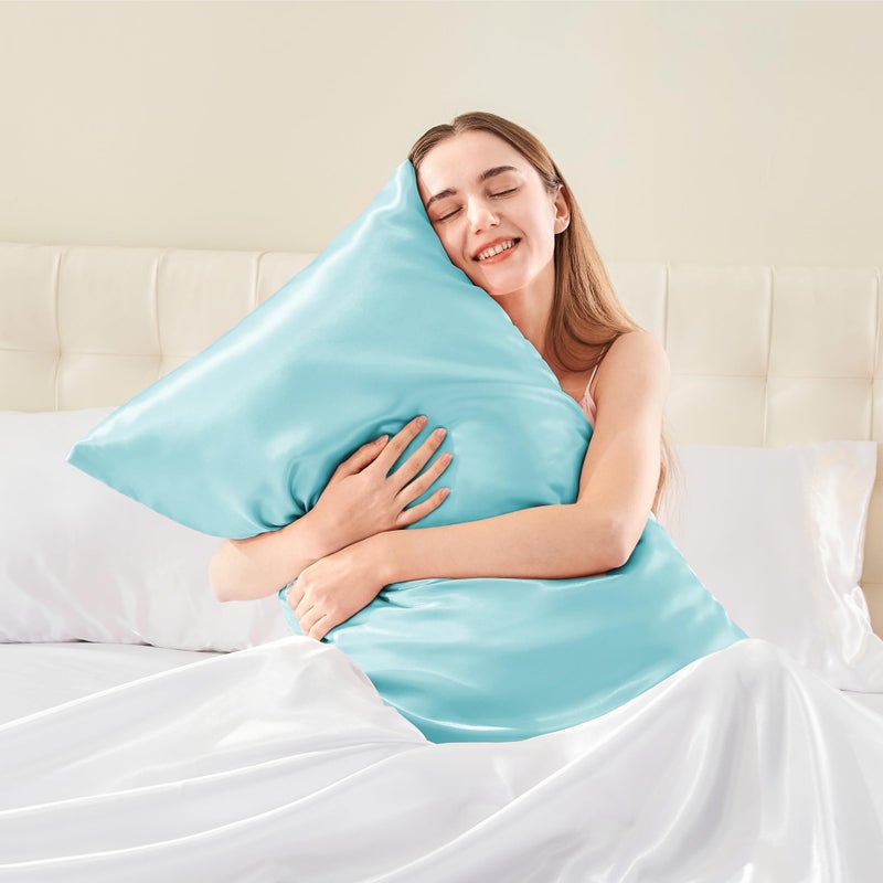 بيديليت وسادة ساتين بيدليت للشعر والجلد الناعم الناعم على غرار حالات وسادة الحرير 4 حزمة مع إغلاق مغلف وسادة التبريد للنساء الرجال (20 "" x30 "" كوين حجم الأزرق) - Image 2