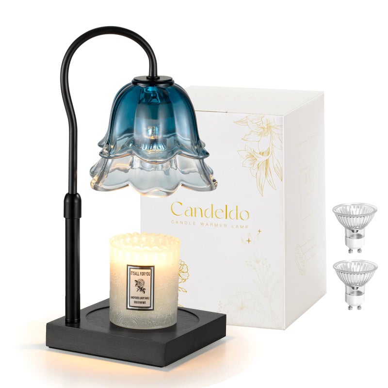Candeldo Candle Warmer Lamp with Timer: Navy Blue Flower Candle Warming Lamp with 2 Bulbs Height Adjustable Wax Warmer Dimmable Bedroom Decor Mothers Day Birthday Gift for Women - Image 1