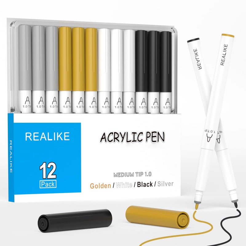 REALIKE Acrylic Paint Markers for Cricut Maker 4/ Maker 3/Maker/Explore 3/Air 2/Air, Black White Silver Gold Acrylic Paint Pens for Rocks, Paper, Wood, Canvas, Glass, Ceramic, Fabric (1.0 Tip) - Image 1