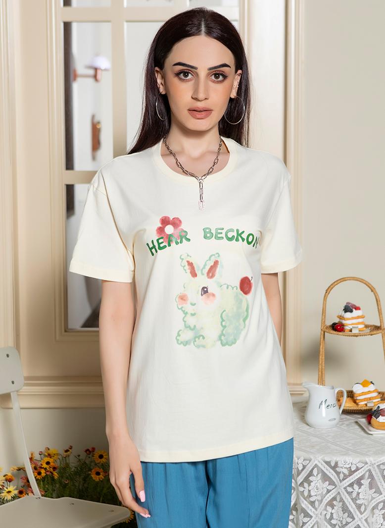 FridayIn Casual Round neck Solid color Printing English Color contrast Pos-flower Regular sleeve T-Shirts Apricot - Image 1