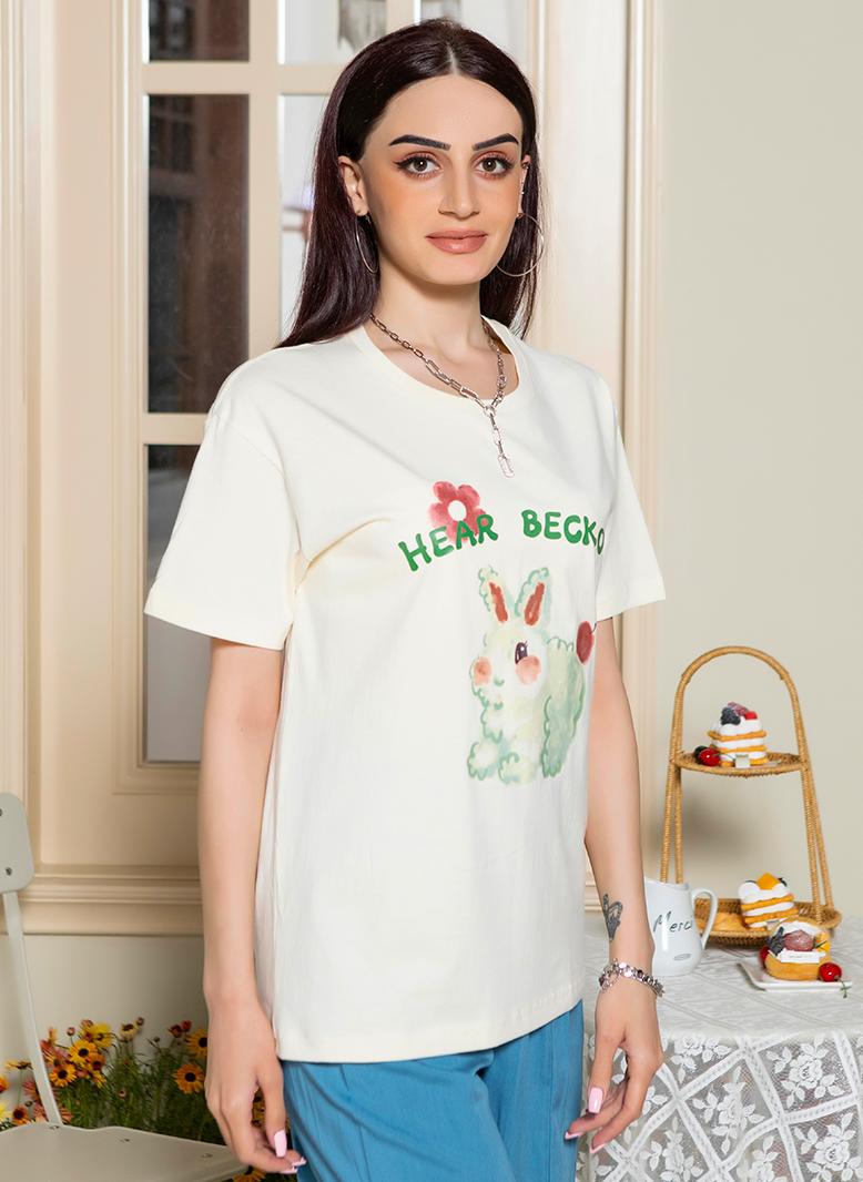 FridayIn Casual Round neck Solid color Printing English Color contrast Pos-flower Regular sleeve T-Shirts Apricot - Image 4