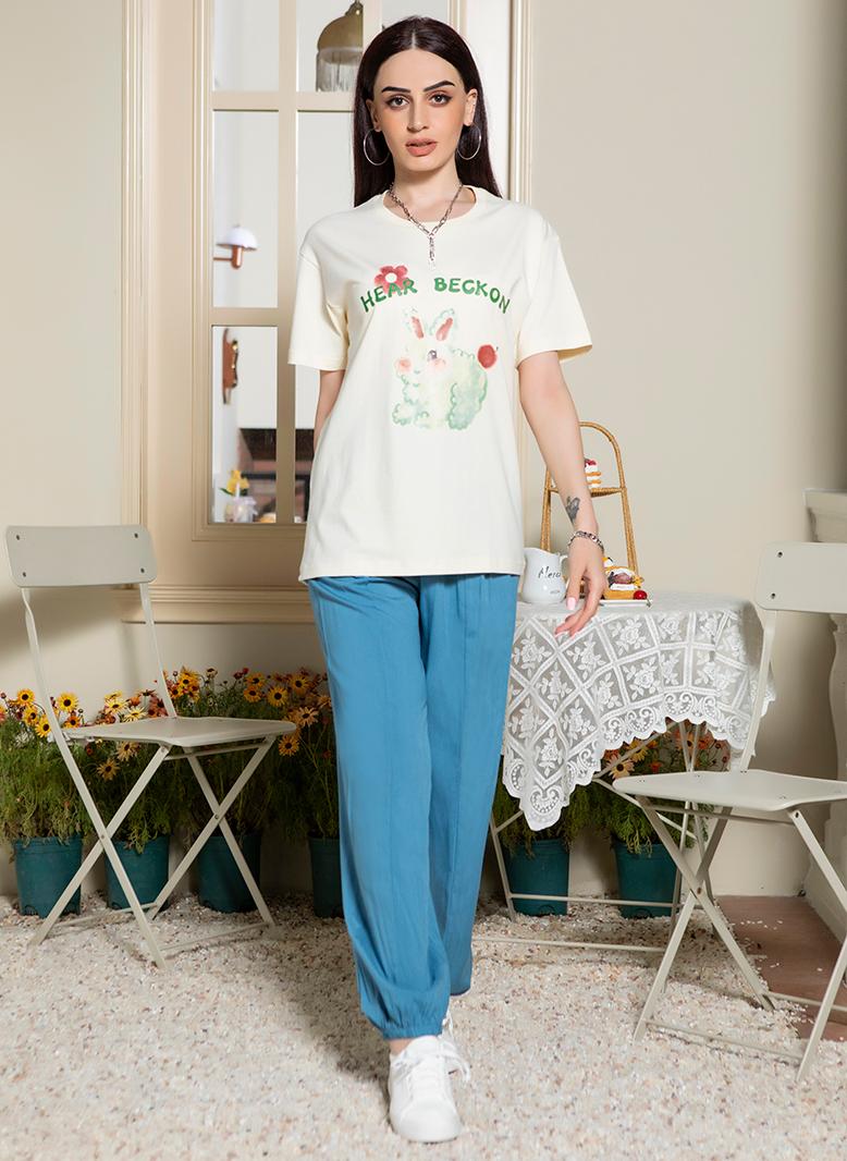 FridayIn Casual Round neck Solid color Printing English Color contrast Pos-flower Regular sleeve T-Shirts Apricot - Image 5