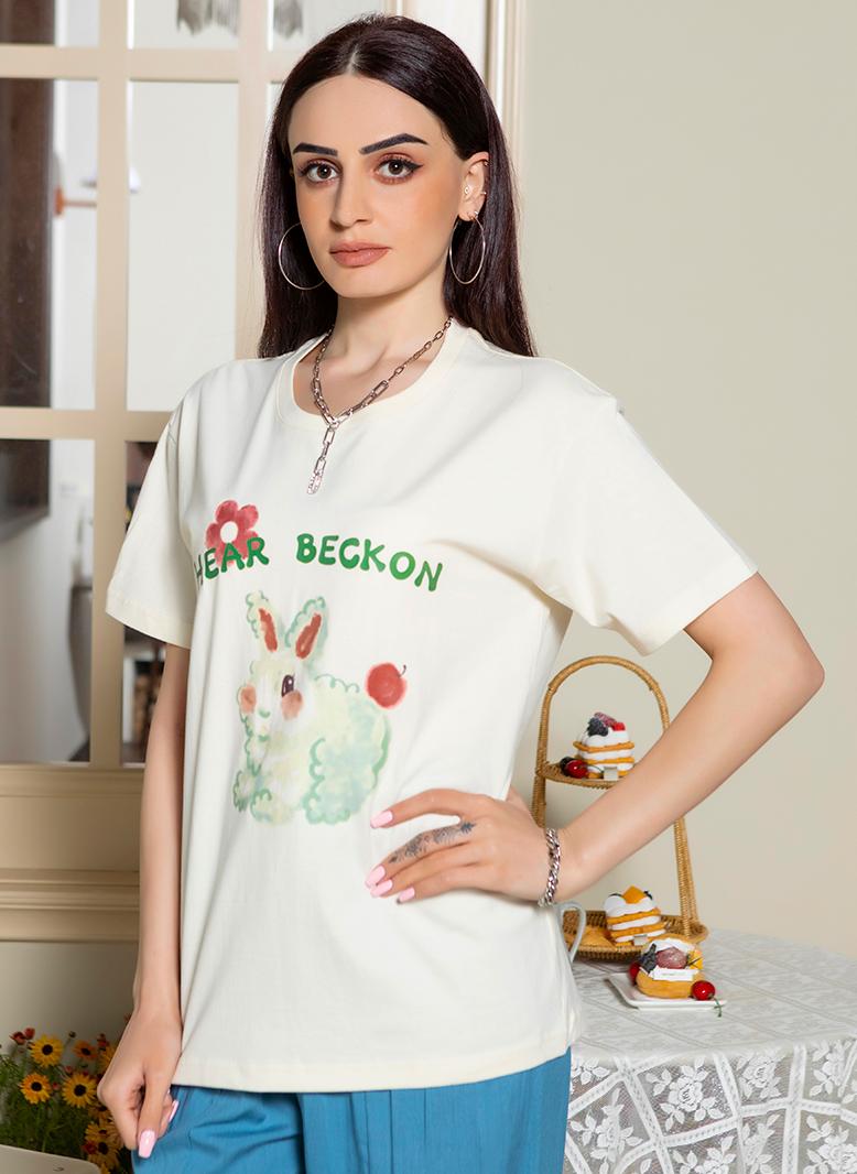 FridayIn Casual Round neck Solid color Printing English Color contrast Pos-flower Regular sleeve T-Shirts Apricot - Image 3