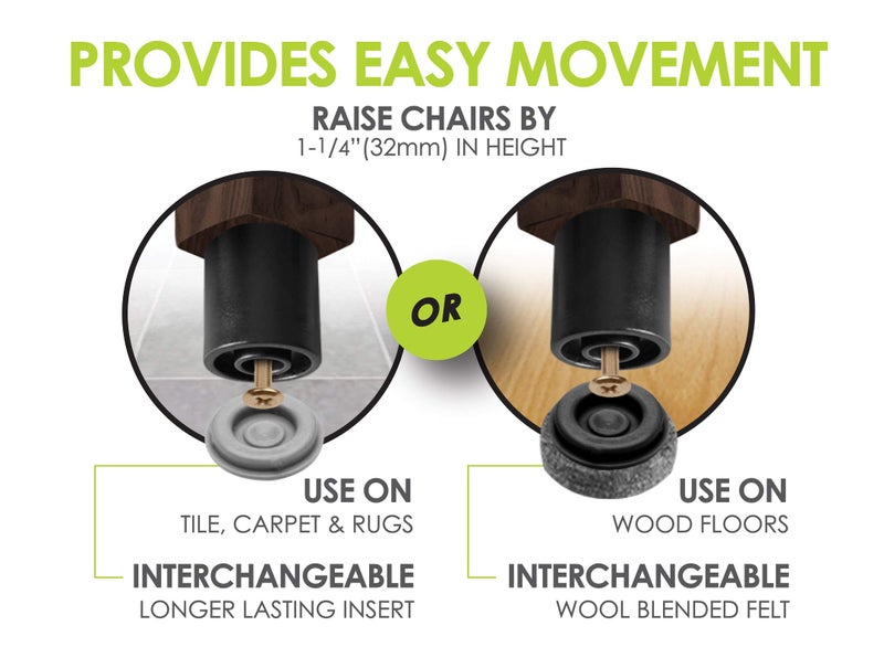 Slipstick GorillaRisers CB251-8 Screw on Furniture Risers (8 Pack) Floor Protector Slider Legs Raise Furniture Height 1-1/4â€ to 1-1/2", Plastic & Felt Glides, 1 Inch Round Chair Risers Furniture Leg Extenders - Image 3