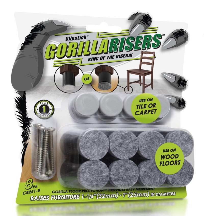 Slipstick GorillaRisers CB251-8 Screw on Furniture Risers (8 Pack) Floor Protector Slider Legs Raise Furniture Height 1-1/4â€ to 1-1/2", Plastic & Felt Glides, 1 Inch Round Chair Risers Furniture Leg Extenders - Image 1
