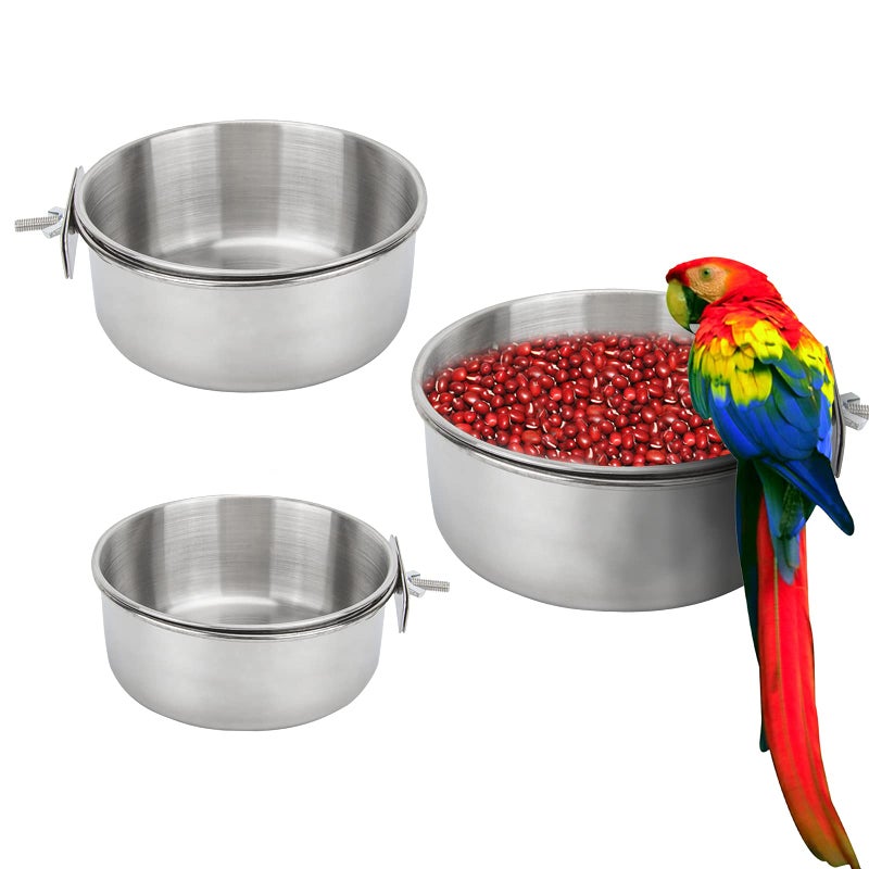 ToLanbbt Bird Feeding Dish Cups 3 Pack Parrot Food Bowl Cage with Clamp Holder Stainless Steel Birdcage Coop Water Feeder for Cockatiel Conure Budgies Parakeet Macaw Finches Lovebirds Small Animal - Image 1