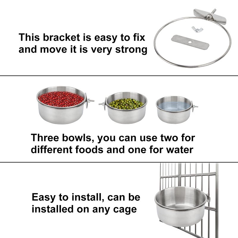ToLanbbt Bird Feeding Dish Cups 3 Pack Parrot Food Bowl Cage with Clamp Holder Stainless Steel Birdcage Coop Water Feeder for Cockatiel Conure Budgies Parakeet Macaw Finches Lovebirds Small Animal - Image 4