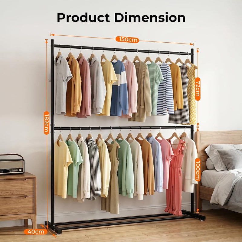 SKY-TOUCH Double Rod Clothing Garment Rack : Double Level Clothes Rack Organizer with Bottom Shelf Large Load Capacity Metal Clothing Rack for Bedroom Hanging Clothes (150 * 182 * 40cm  Black) - Image 2