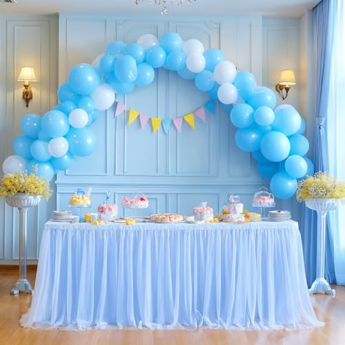 Suppromo Baby Blue Table Skirt for Baby Shower Boy 6ft Light Blue Tulle Tutu Table Cloth for Elephant Birthday Party Ocean Baby Shark Gender Reveal Cake Table Decorations 
