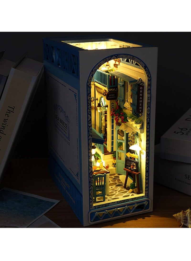 مجموعة زوايا الكتب DIY، زاوية كتب ألغاز خشبية ثلاثية الأبعاد، نهايات كتب مزخرفة، رف كتب يُدرج زقاق زخرفي مع أثاث وأضواء LED لتزيين مكتب مكتب المنزل في عيد الميلاد (عالم نسيم البحر) - Image 4