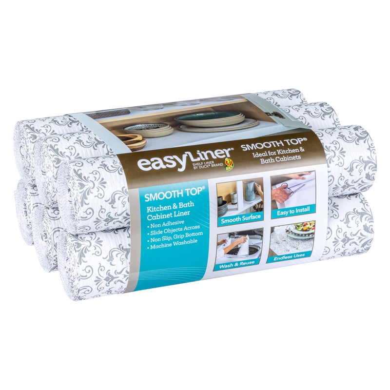 Duck Smooth Top EasyLiner for Cabinets  Drawers  Easy to Install  Cut to Fit  Shelf Paper  Drawer Liner Non Adhesive  Non Slip Shelf Liner  20in x 6ft  6 Roll Project Pack  Gray Damask