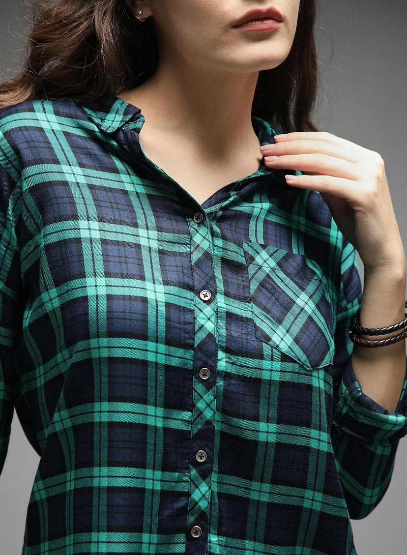 HIGH STAR Boxy Fit Check Tartan Long Sleeves Shirt for Women, Cotton