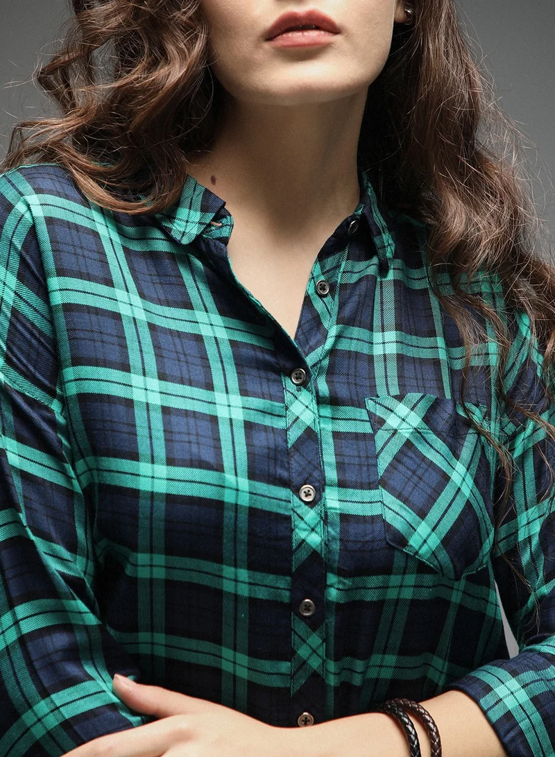 HIGH STAR Boxy Fit Check Tartan Long Sleeves Shirt for Women, Cotton