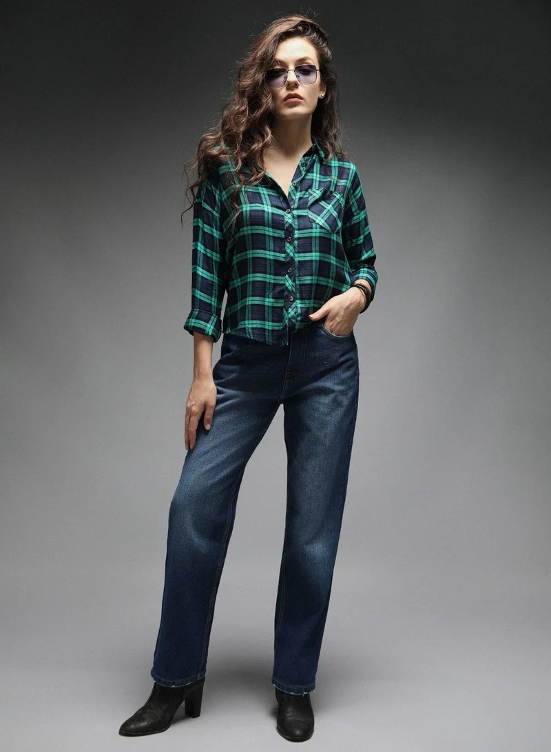 HIGH STAR Boxy Fit Check Tartan Long Sleeves Shirt for Women, Cotton