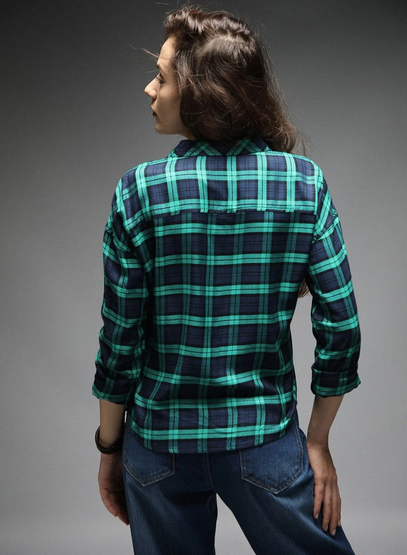 HIGH STAR Boxy Fit Check Tartan Long Sleeves Shirt for Women, Cotton