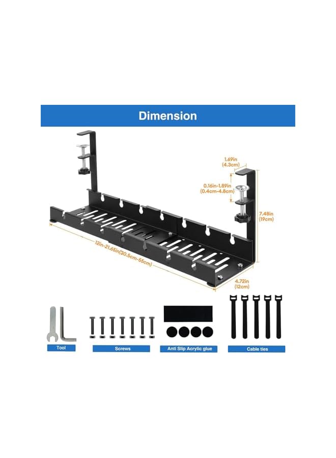 promass No Drill Under Desk Cable Management Tray, 21.7" Retractable Clamp Mounted Desk Cable Cord Organizer for Wire Management, Sturdy Metal Cable Tray Basket for Home Office - Image 4