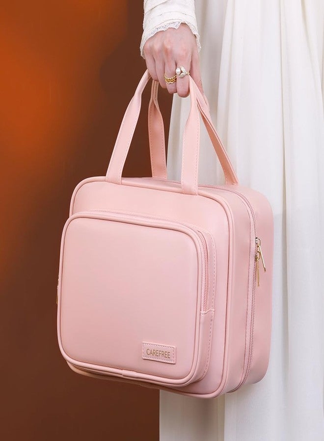 Waterproof Leather Toiletry Bag for Women, Hanging Travel Toiletry Bag with Hanging Hook, Large Travel Makeup Bag Cosmetic Organizer for Toiletries, Bathroom Shower, Makeup Accessories (Pink) - Image 3