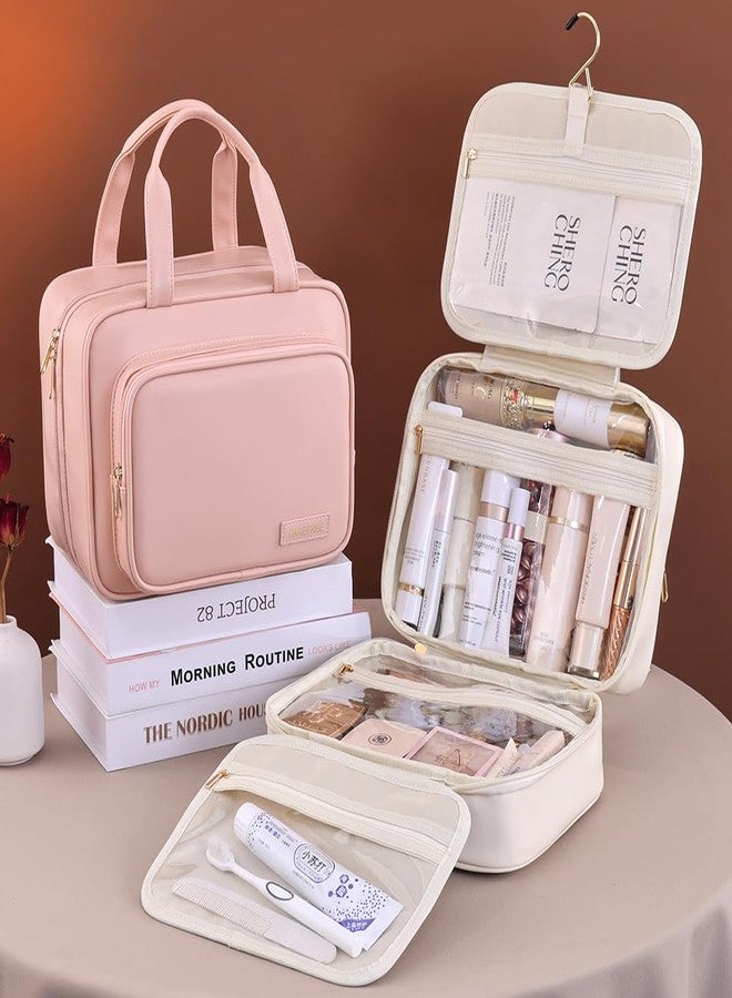 Waterproof Leather Toiletry Bag for Women, Hanging Travel Toiletry Bag with Hanging Hook, Large Travel Makeup Bag Cosmetic Organizer for Toiletries, Bathroom Shower, Makeup Accessories (Pink) - Image 5