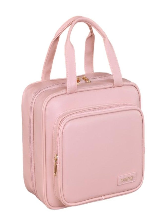 Waterproof Leather Toiletry Bag for Women, Hanging Travel Toiletry Bag with Hanging Hook, Large Travel Makeup Bag Cosmetic Organizer for Toiletries, Bathroom Shower, Makeup Accessories (Pink) - Image 1