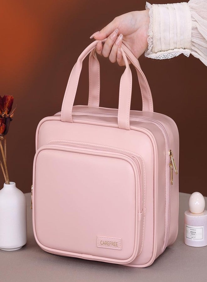 Waterproof Leather Toiletry Bag for Women, Hanging Travel Toiletry Bag with Hanging Hook, Large Travel Makeup Bag Cosmetic Organizer for Toiletries, Bathroom Shower, Makeup Accessories (Pink) - Image 4