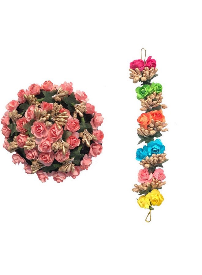Arooman™ Full Pink Juda Bun Hair Flower Gajra and Multi Color gajra Combo for Wedding and Party - Image 4