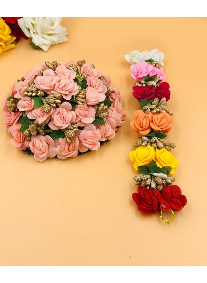 Arooman™ Full Pink Juda Bun Hair Flower Gajra and Multi Color gajra Combo for Wedding and Party - Image 3