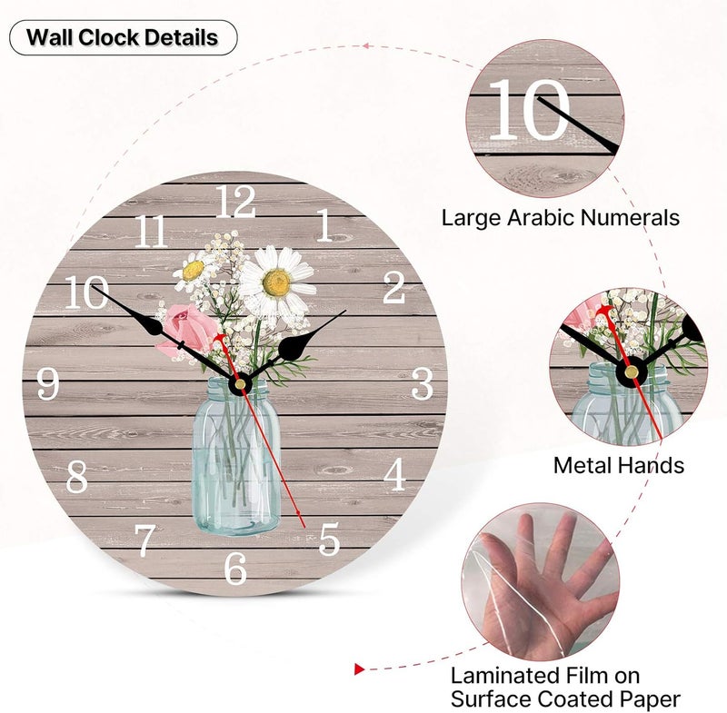 Toudorp Kitchen Wall Clock 8 Inch Battery Operated Vintage Round Wooden Wall Clocks Classic Flowers in Glass Bottle Style Pattern Art Decor Silent Wall Clock for Home Office Decoration - Image 4