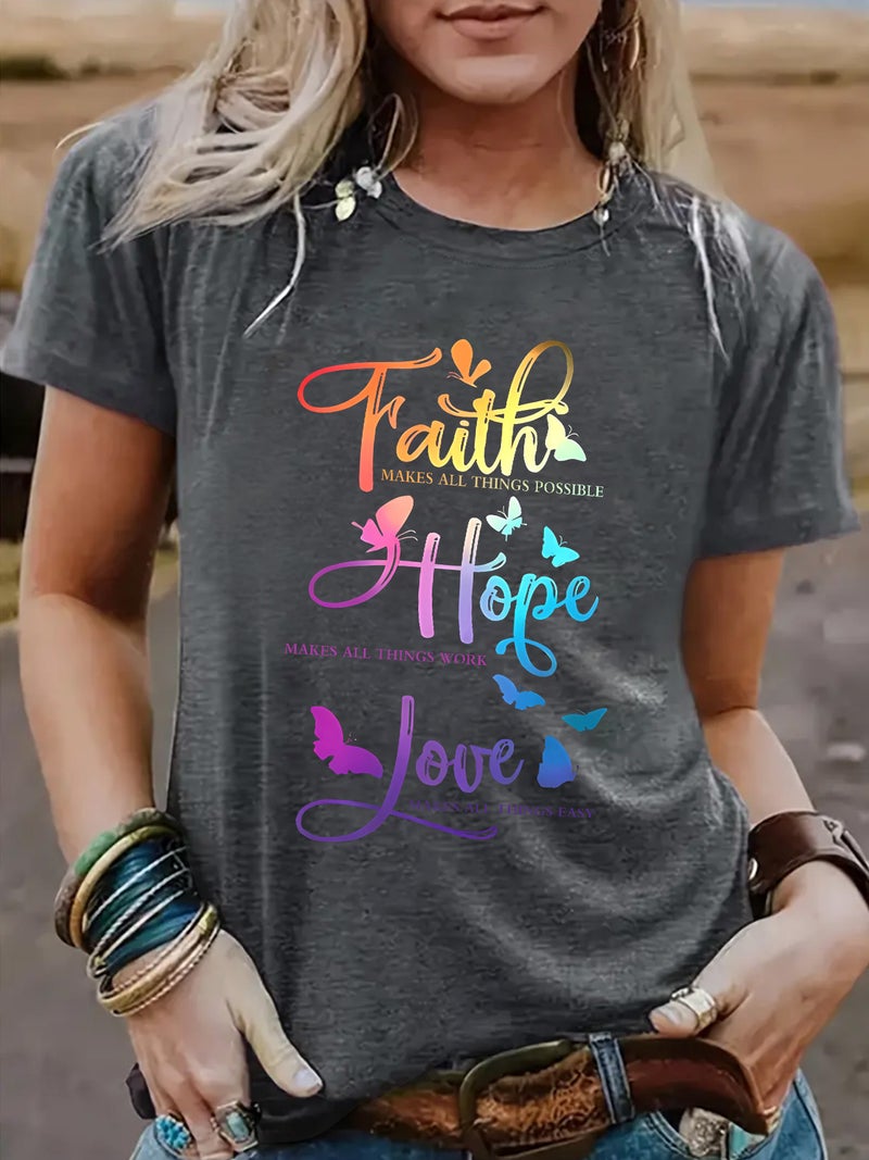 Independent Station Europe And America Faith Hope Love Crewneck Loose Short-Sleeved Plus Size T-Shirt - Image 2