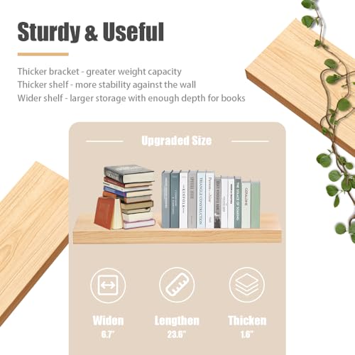 Habudda Floating Shelves, Wooden Wall Shelf for Rustic Decor, Hanging Display Shelving for Bedroom Bathroom Kitchen Living Room, Natural Wood, Invisible Bracket, 23.6"×6.7"×1.6", 2-Pack - Image 3
