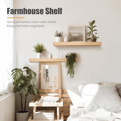 Habudda Floating Shelves, Wooden Wall Shelf for Rustic Decor, Hanging Display Shelving for Bedroom Bathroom Kitchen Living Room, Natural Wood, Invisible Bracket, 23.6"×6.7"×1.6", 2-Pack - Image 2