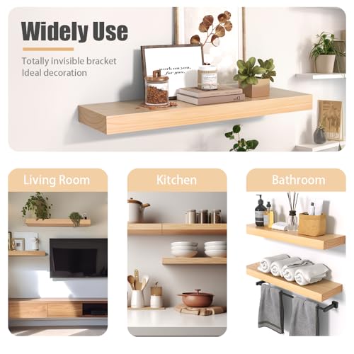 Habudda Floating Shelves, Wooden Wall Shelf for Rustic Decor, Hanging Display Shelving for Bedroom Bathroom Kitchen Living Room, Natural Wood, Invisible Bracket, 23.6"×6.7"×1.6", 2-Pack - Image 5