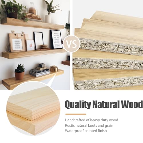 Habudda Floating Shelves, Wooden Wall Shelf for Rustic Decor, Hanging Display Shelving for Bedroom Bathroom Kitchen Living Room, Natural Wood, Invisible Bracket, 23.6"×6.7"×1.6", 2-Pack - Image 4