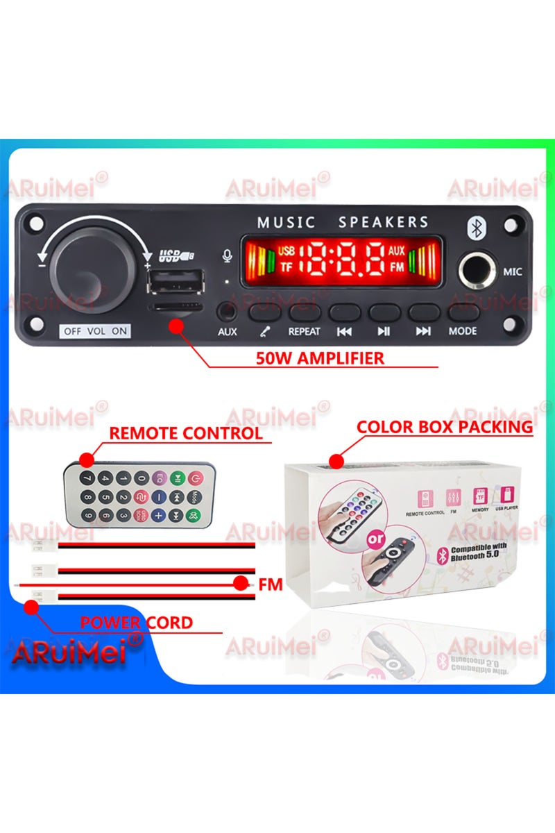 مضخم صوت 50 واط/50 واط، بلوتوث، مشغل MP3، WMA، APE، لوحة فك تشفير، تيار مستمر 12 فولت، 25 واط، ميكروفون للسيارة، نظام صوتي بدون استخدام اليدين، منفذ USB