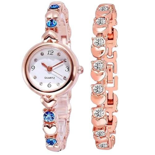 SWADESI STUFF Ladies Watch and Bracelet Set, Rose Gold, 22mm Round Case, Crystal-Studded Design (Rose Blue) - Image 1