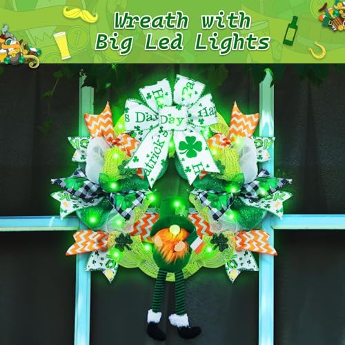 Kenburg Pre-Lit St. Patrick's Day Wreath Decorations, 23'' Gnome Wreath for Front Door, Green Large Garland with Bows & Shamrock, Spring Irish St Patricks Day Decor for Wall Home Indoor Outdoor - Image 5