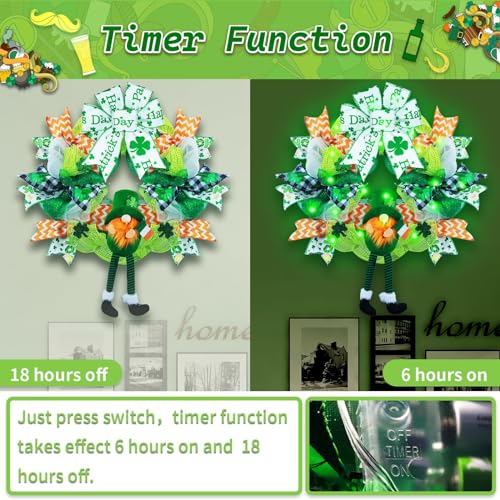 Kenburg Pre-Lit St. Patrick's Day Wreath Decorations, 23'' Gnome Wreath for Front Door, Green Large Garland with Bows & Shamrock, Spring Irish St Patricks Day Decor for Wall Home Indoor Outdoor - Image 3