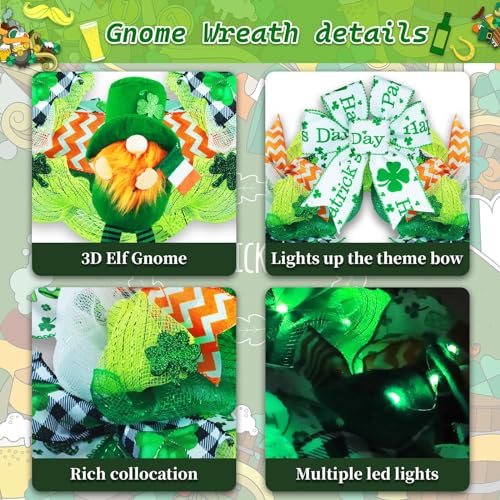 Kenburg Pre-Lit St. Patrick's Day Wreath Decorations, 23'' Gnome Wreath for Front Door, Green Large Garland with Bows & Shamrock, Spring Irish St Patricks Day Decor for Wall Home Indoor Outdoor - Image 4