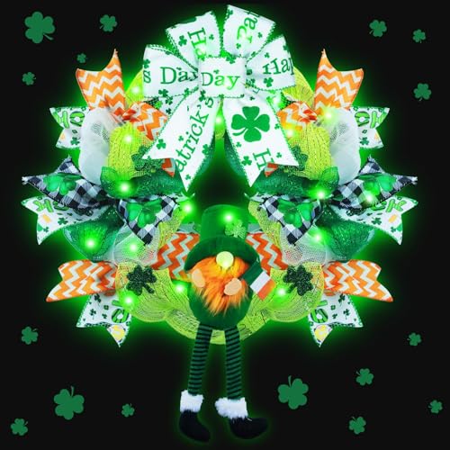 Kenburg Pre-Lit St. Patrick's Day Wreath Decorations, 23'' Gnome Wreath for Front Door, Green Large Garland with Bows & Shamrock, Spring Irish St Patricks Day Decor for Wall Home Indoor Outdoor - Image 1