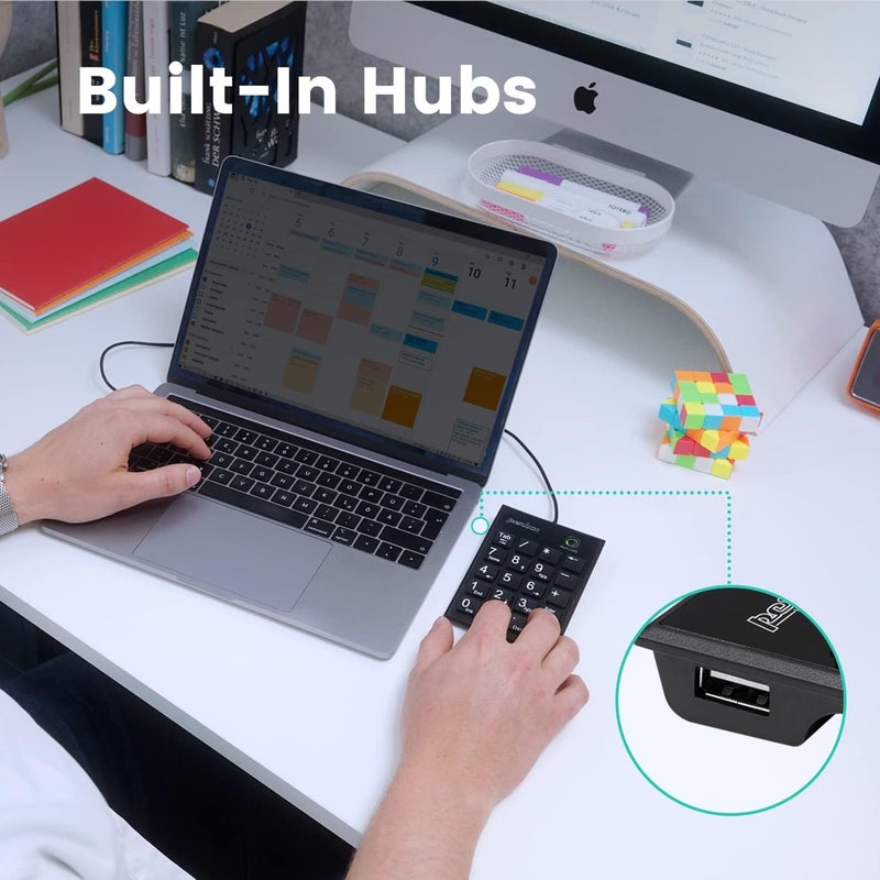 Perixx PERIPAD-202C Wired USB-C Slim Numeric Keypad - Scissor Keys with 2 USB-A Hubs and Tab Key - Compatible for Tablet, Laptop, & Desktop - Black - Image 3