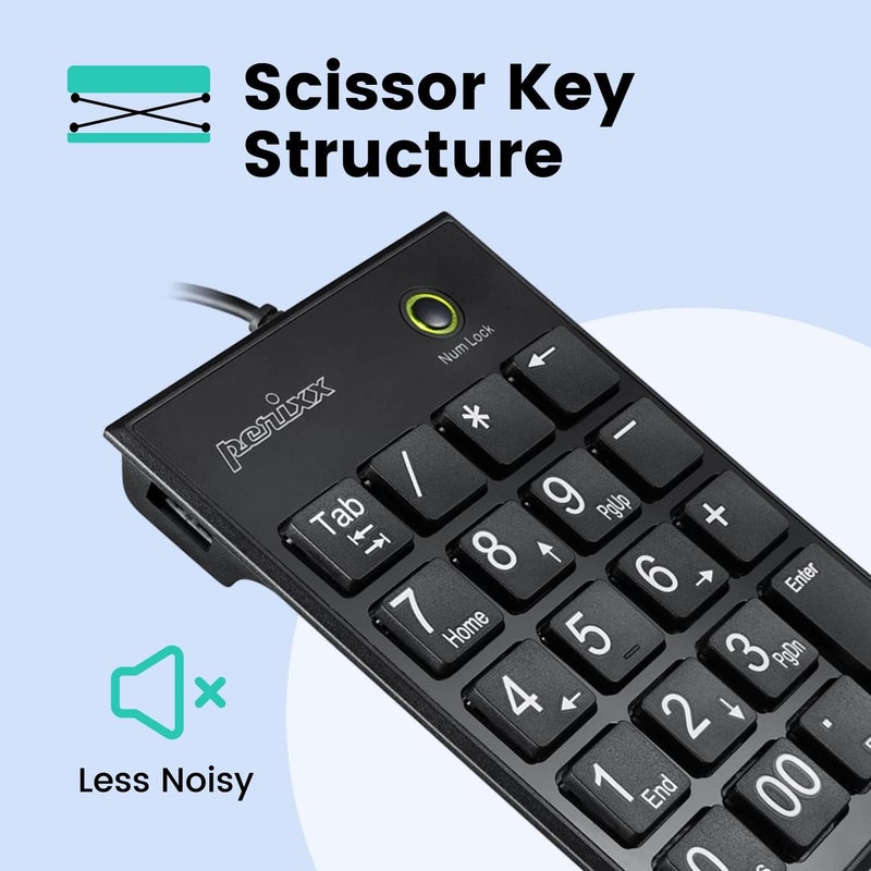 Perixx PERIPAD-202C Wired USB-C Slim Numeric Keypad - Scissor Keys with 2 USB-A Hubs and Tab Key - Compatible for Tablet, Laptop, & Desktop - Black - Image 2
