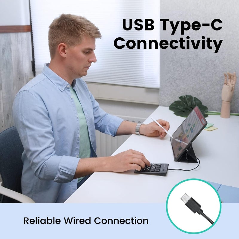 Perixx PERIPAD-202C Wired USB-C Slim Numeric Keypad - Scissor Keys with 2 USB-A Hubs and Tab Key - Compatible for Tablet, Laptop, & Desktop - Black - Image 1
