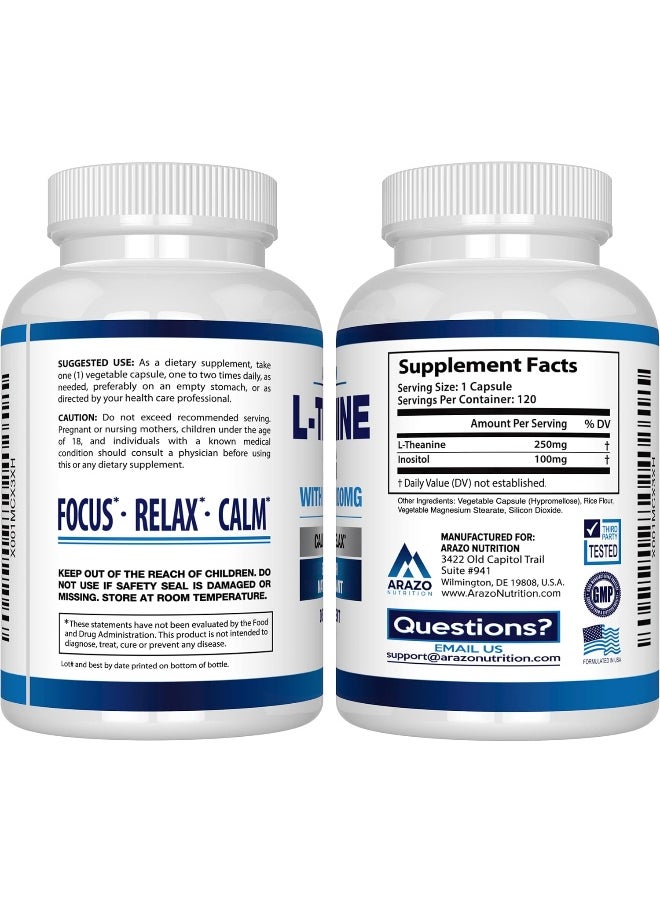 Arazo Nutrition L-Theanine 250Mg (Extra Strength) With Inositol 100Mg, 120 Capsules Vegetarian,  - Image 3