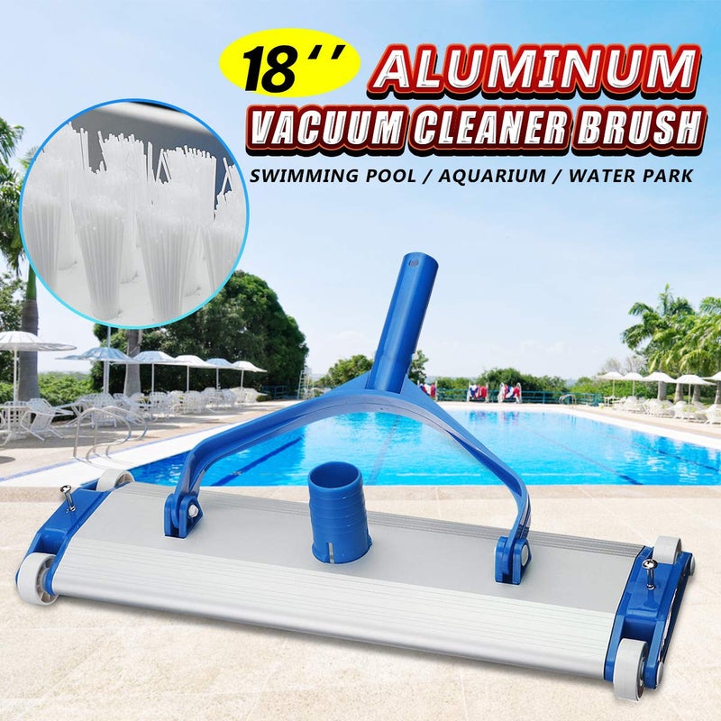 WATERTECH SYSTEMS Heavy Duty 17.5 inch Aluminum Weighted Swimming Pool Vacuum Head on Wheels with 18" Aluminium Cleaning Brush with EZ Clips (Blue and White) - Image 2